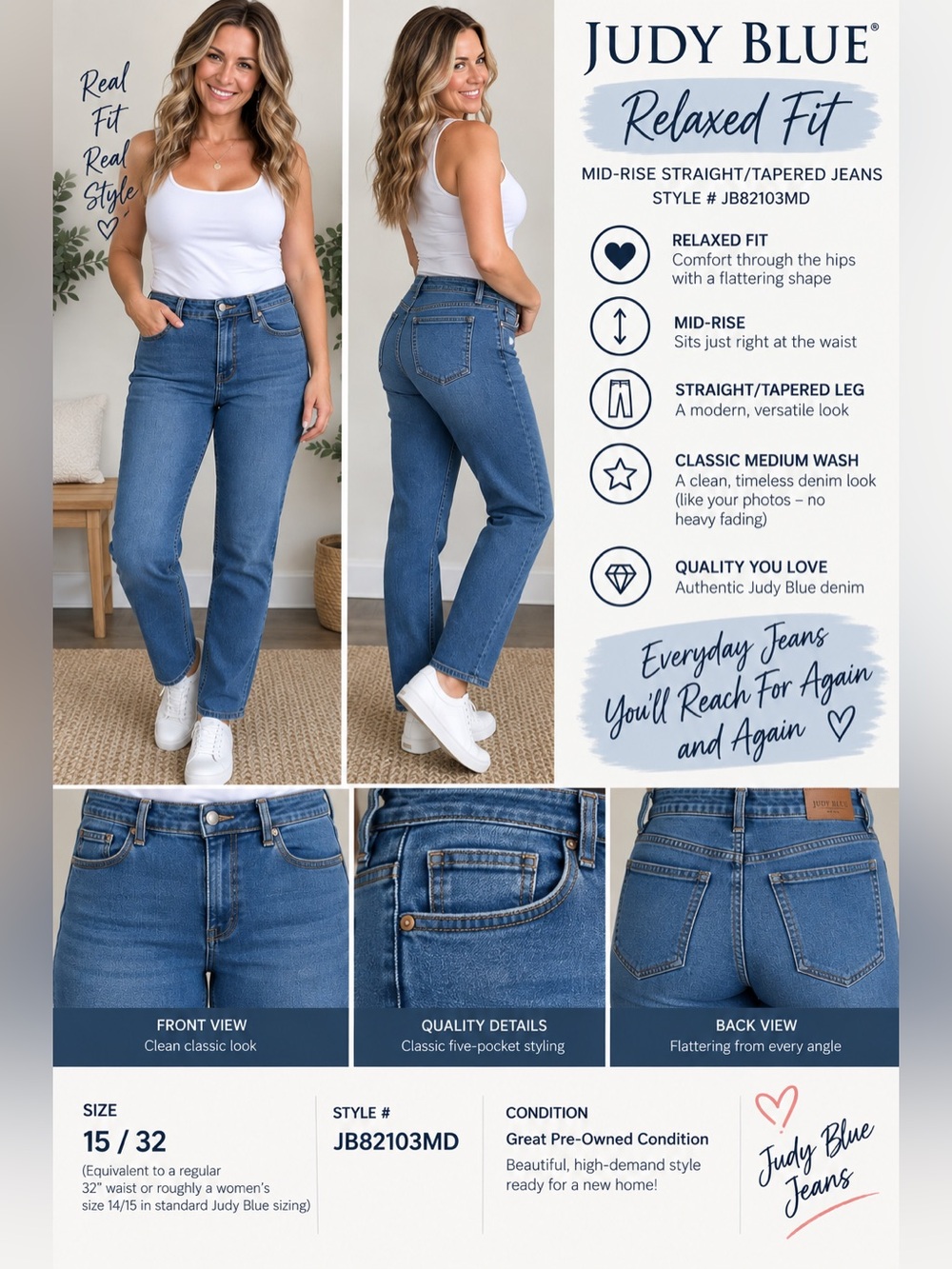 Judy Blue Classic Medium Blue Mid-Rise Straight Jeans